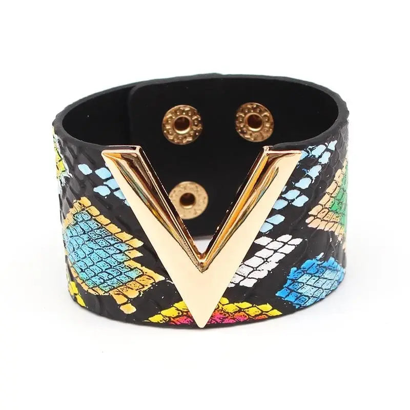 The Fashion Leopard Leather Bracelet for Women is a wide cuff with a blue, yellow, green, and pink snakeskin pattern, gold V-shaped accent, and snap closures—a bold and stylish all-match wristband charm.