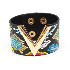 The Fashion Leopard Leather Bracelet for Women is a wide cuff with a blue, yellow, green, and pink snakeskin pattern, gold V-shaped accent, and snap closures—a bold and stylish all-match wristband charm.