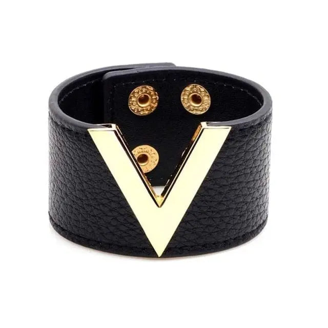 The Fashion Leopard Leather Bracelet for Women features a wide, textured design with a bold gold V and secure snaps—a stylish, all-match charm cuff wristband for any occasion.