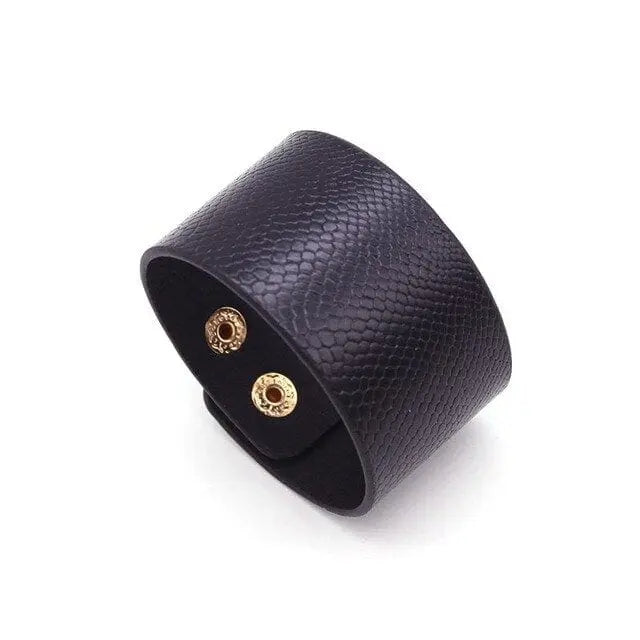 The Fashion Leopard Leather Bracelet for women features a wide, all-match V-shaped cuff with a subtle snakeskin texture and gold snap closures, perfect as a chic wrap wristband jewelry, displayed on a white background.