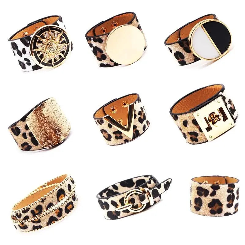 Nine Fashion Leopard Leather Bracelets for Women are arranged in three rows, each with unique gold or metal accents like geometric shapes and bold plates—a chic, all-match V word wide cuff and wrap jewelry choice.