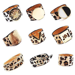 Nine Fashion Leopard Leather Bracelets for Women are arranged in three rows, each with unique gold or metal accents like geometric shapes and bold plates—a chic, all-match V word wide cuff and wrap jewelry choice.