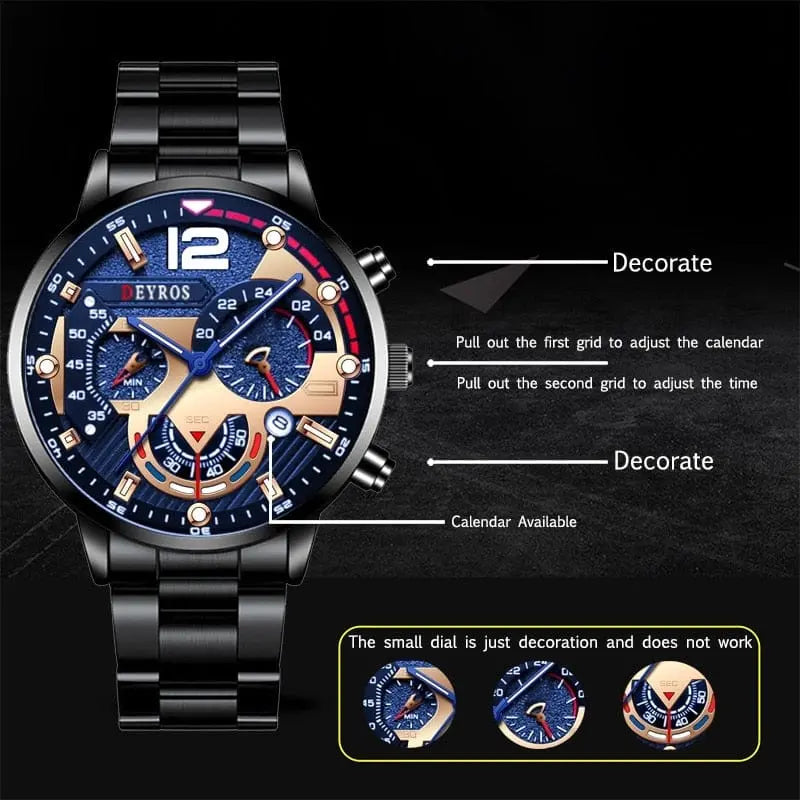 The Fashion Mens Stainless Steel Watches Luxury Quartz Wristwatch features a blue face, labeled calendar/time adjustment instructions, one decorative sub-dial, and is ideal for business casual wear. Luminous clock design for added elegance.
