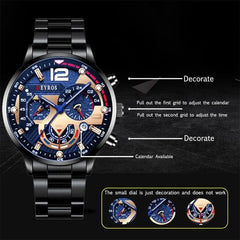 The Fashion Mens Stainless Steel Watches Luxury Quartz Wristwatch features a blue face, labeled calendar/time adjustment instructions, one decorative sub-dial, and is ideal for business casual wear. Luminous clock design for added elegance.