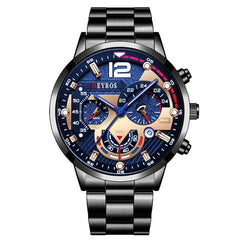The Fashion Mens Stainless Steel Watches Luxury Quartz Wristwatch features a black metal band, large blue and gold face with multiple sub-dials, luminous display, calendar, and prominent 12 marker—ideal for business casual style.
