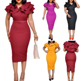 A woman models a solid color midi dress with a V-neck, ruffled sleeves, and a matching belt.