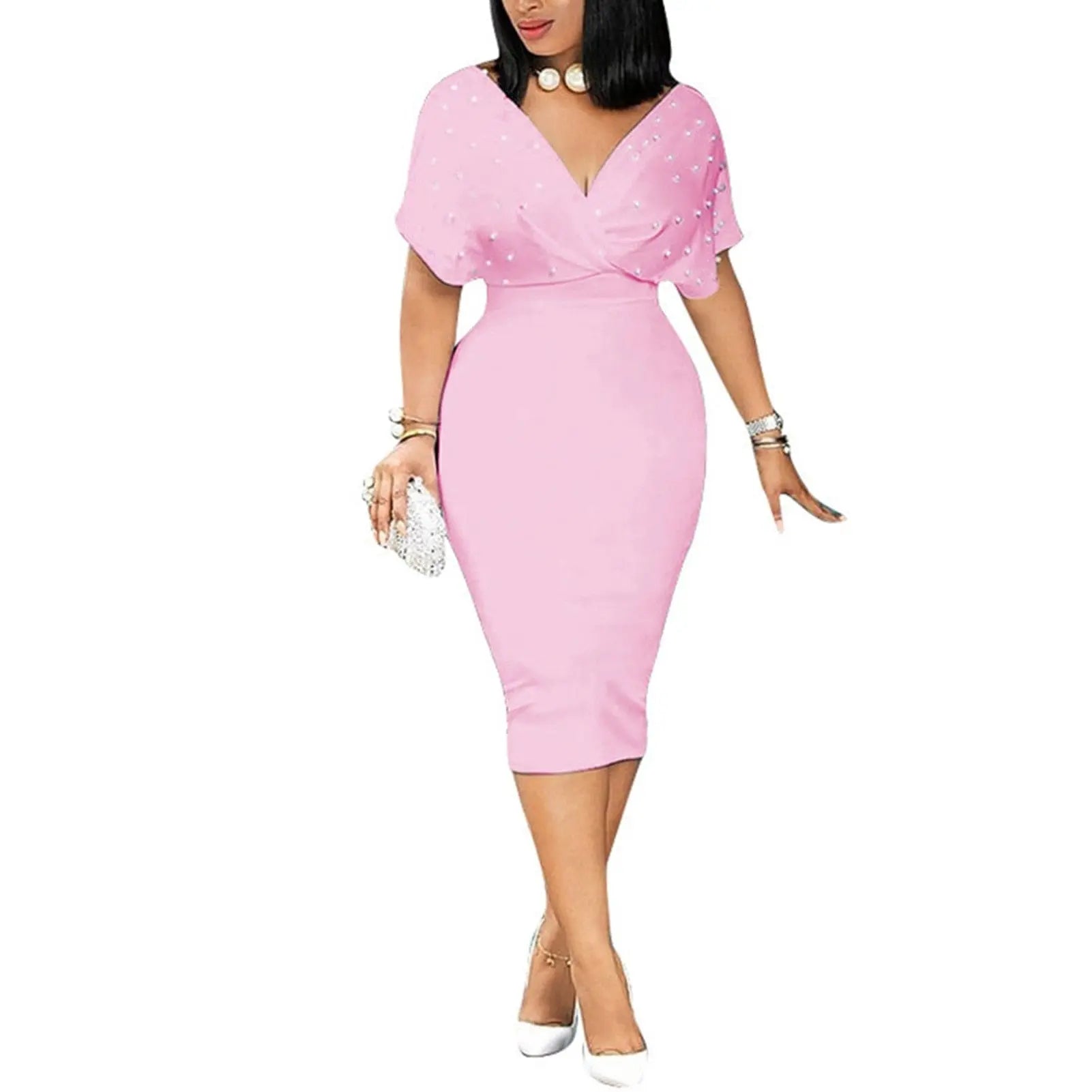 A woman wears a pink midi bodycon dress with a V-neck and short ruffled sleeves.