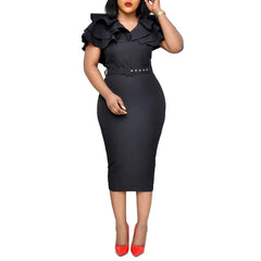 A black midi bodycon dress with a V-neck, ruffled short sleeves, and a matching waist belt.