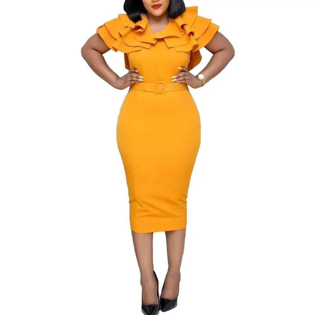 A woman wears a mustard yellow, V-neck, short-sleeved midi dress with ruffled shoulders and a belt.