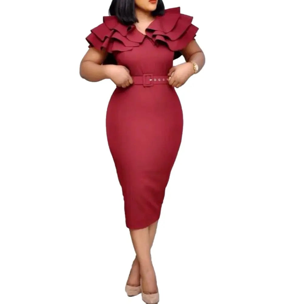 A woman wears a burgundy V-neck midi dress with ruffled sleeves and a matching waist belt.