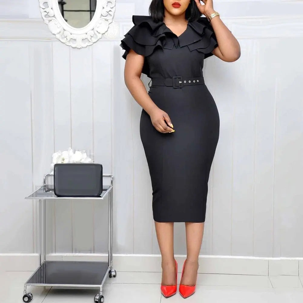 A black V-neck midi dress with ruffled short sleeves and a matching belt.