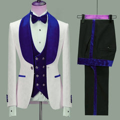 The Floral Jacket Men Suit is a slim fit wedding tuxedo with a navy blue velvet lapel, perfect for grooms or best men seeking a stylish party blazer and costume homme.