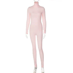 A light pink, long-sleeved, high-neck tight jumpsuit worn by a mannequin.