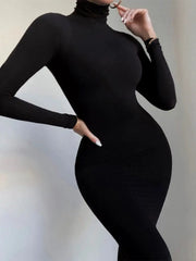 A woman wears a long-sleeved black turtleneck dress with a form-fitting silhouette.