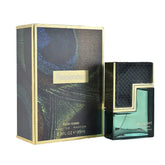 A bottle of Resplendent Eau de Parfum next to its peacock-patterned box on a white background.