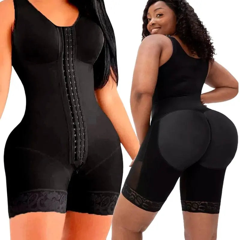 Two women model the Full Body Shapewear Compression Girdle Fajas: one faces forward showing the hook-and-eye front closure, while the other faces backward displaying the fitted design on the back and hips.