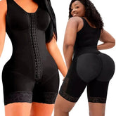 A black full-body compression shapewear bodysuit with a front hook closure and lace trim.