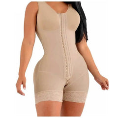 A woman wears the Full Body Shapewear Compression Girdle Fajas Colombian Corrective Underwear Tummy Control Shaper Butt Lift Slim Corset Bodysuit, featuring front hook closures and lace-trimmed thighs for a smooth, contoured silhouette.