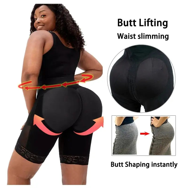 A woman models the Full Body Shapewear Compression Girdle, highlighting instant waist slimming and butt lifting. Inset images show before-and-after effects. Text: Butt Lifting, Waist Slimming, Shaping Instantly.