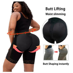 A woman models the Full Body Shapewear Compression Girdle, highlighting instant waist slimming and butt lifting. Inset images show before-and-after effects. Text: Butt Lifting, Waist Slimming, Shaping Instantly.
