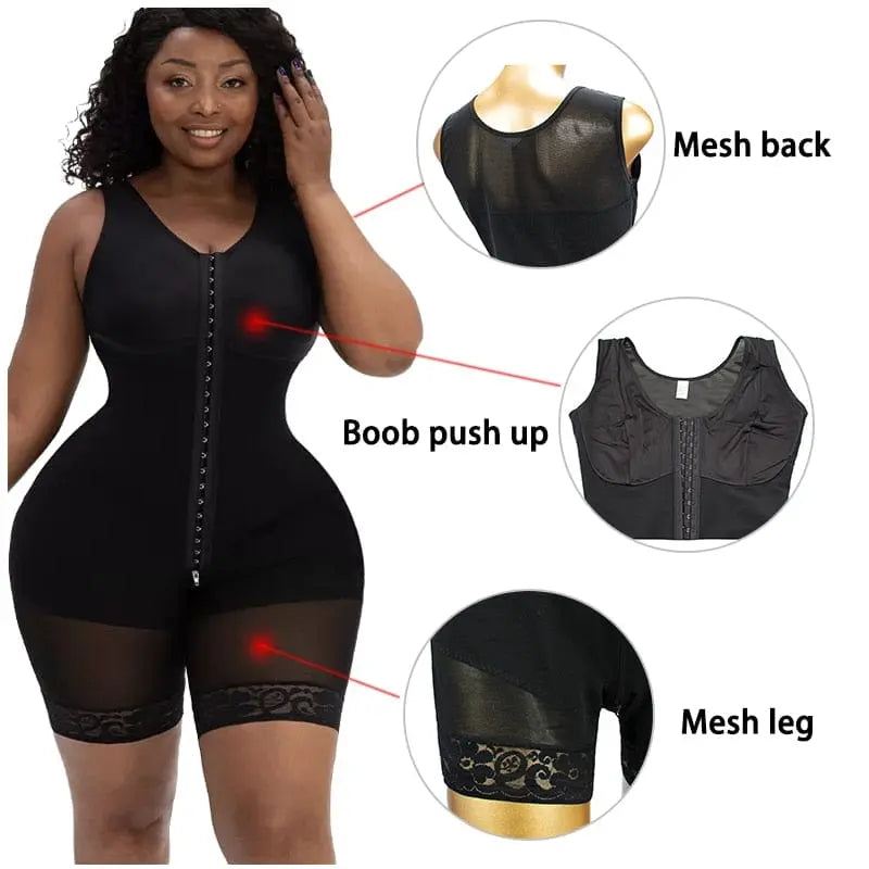 A woman models the Full Body Shapewear Compression Girdle Fajas Colombian; inset images highlight mesh back, push-up bust, and mesh leg details. Text labels emphasize each firm control and body-shaping feature.