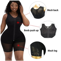 A woman models the Full Body Shapewear Compression Girdle Fajas Colombian; inset images highlight mesh back, push-up bust, and mesh leg details. Text labels emphasize each firm control and body-shaping feature.