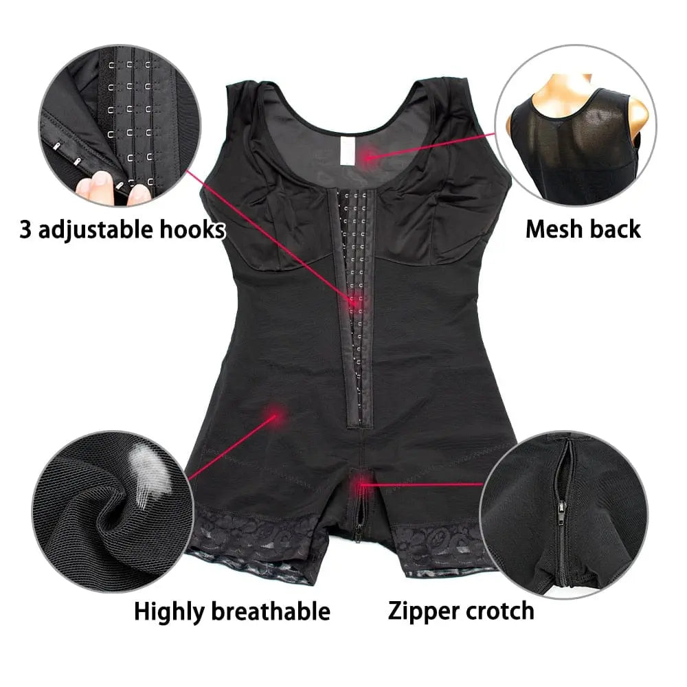 Full Body Shapewear Compression Girdle Fajas Colombian: features firm control, front hooks, mesh back, breathable fabric, and zipper crotch. Visuals show close-ups of hooks, mesh material, soft fabric, and the convenient zipper.