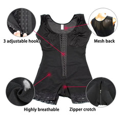 Full Body Shapewear Compression Girdle Fajas Colombian: features firm control, front hooks, mesh back, breathable fabric, and zipper crotch. Visuals show close-ups of hooks, mesh material, soft fabric, and the convenient zipper.