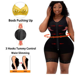 A woman models the Full Body Shapewear Compression Girdle Fajas Colombian bodysuit, with diagrams showing boob lift, three-hook tummy control, and waist slimming. Before-and-after silhouettes highlight its body-shaping transformation.