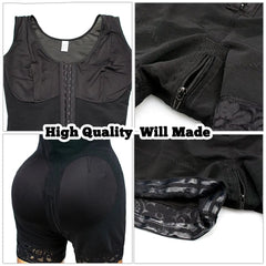 A collage features the Full Body Shapewear Compression Girdle Fajas Colombian Bodysuit in black, with hook-and-eye closure, lace trim, zipper detail, mesh fabric, and padded hips. Center text: High Quality - Well Made. Enjoy firm control for a smooth look.