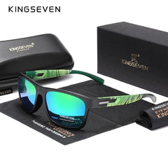 KINGSEVEN polarized sunglasses with green mirrored lenses and patterned green temples.