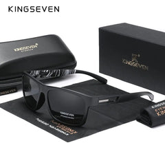 A pair of black polarized KINGSEVEN sunglasses with a case, box, and cleaning cloth.