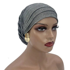 Glitter Full Body Pleated Turban Cap for Women 2023 Lady Head Wraps Muslim Headscarf Hat Turbante Mujer African Headpiece - SHOWLU FASHION STORE