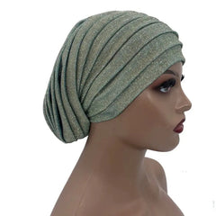 Glitter Full Body Pleated Turban Cap for Women 2023 Lady Head Wraps Muslim Headscarf Hat Turbante Mujer African Headpiece - SHOWLU FASHION STORE