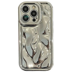A silver phone case with a glossy, irregular, liquid-like metallic texture.