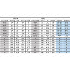 A size chart table for men's suits listing jacket and pants measurements in centimeters and inches.