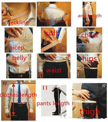 A collage of twelve images demonstrating how to take body measurements for a custom suit.