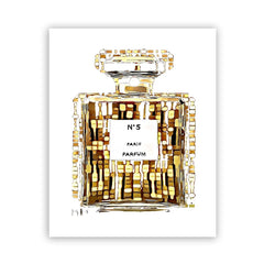 A modern canvas print featuring a stylized, gold-toned illustration of a Chanel No. 5 perfume bottle.