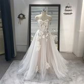 Strapless Appliqued Tulle Bridal Gowns Lace A-Line Court Train Sweetheart Wedding Dress Bridal Gowns Rl012