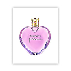 A canvas print featuring a heart-shaped Vera Wang Princess perfume bottle with a gold crown cap.