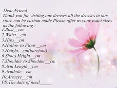 A list of body measurements required for a custom dress order against a floral background.