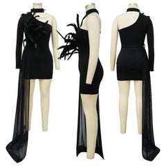 A black one-shoulder mini dress with feather embellishments and a sheer side train.