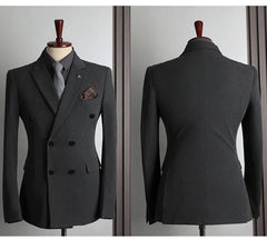 A charcoal grey double-breasted men's suit jacket shown from the front and back on a mannequin.