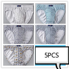 A set of five men's cotton briefs featuring various geometric and striped patterns.