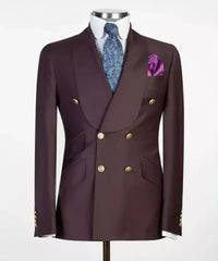 A dark purple double-breasted suit jacket with gold buttons, a shawl collar, and a pocket square.