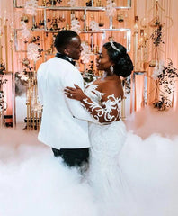 ON461 South African Black Women Plus Size Wedding Dresses Sheer Neck Lace Illusion Long Sleeves Bridal Gowns Mermaid