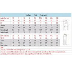 A size chart for a men's two-piece suit showing measurements for jackets and pants in centimeters.