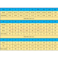 A size chart table for men's suits listing height, weight, and garment measurements.