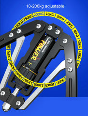 A black hydraulic arm exerciser with an adjustable resistance dial ranging from 10 to 200 kilograms.