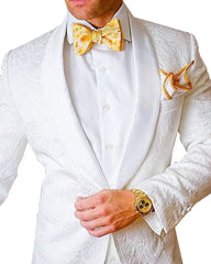White Mens Suits 2 piece Casual Jacquard Shawl Lapel Tuxedos for Wedding Groomsmen Suits Men (Blazer+Pant)